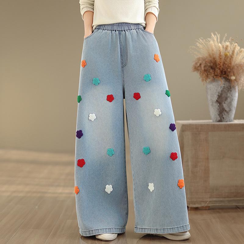 

Large Size Embroidered Denim Wide-Leg Pants - Elastic, Casual, and Slimming. Extra Large