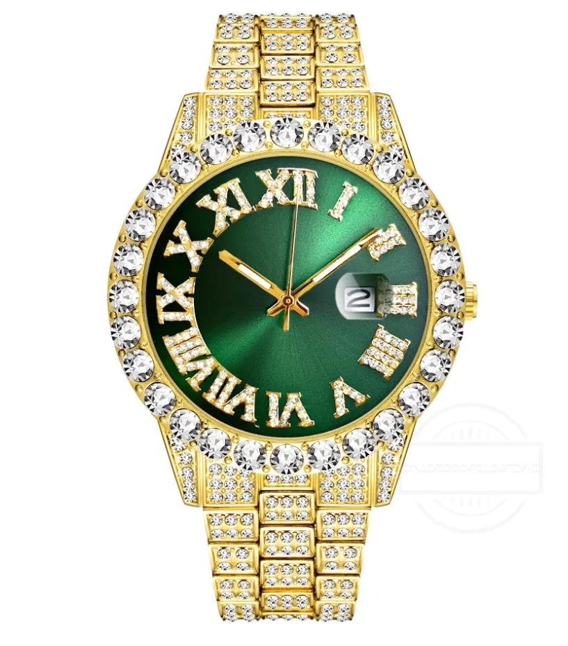 1/2pc Watch Bracelet Hip Hop Stainless Steel Gold Color Calendar Watch for Men Iced Out Paved Rhinestones Men Watch Reloj Hombre