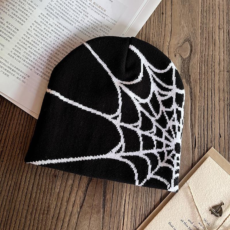 Punk Style Knit Cap With Spider Web Embroidery Design For Winter Outdoor Activities