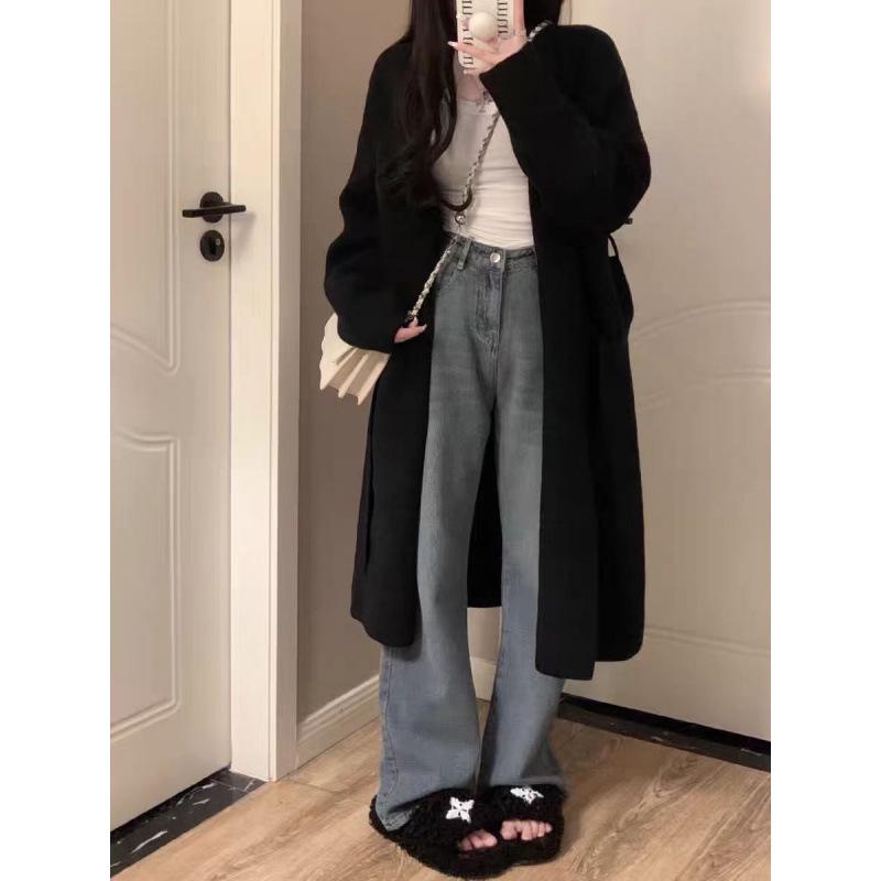 YUNSHU Korean Style Loose Knit Cardigan - Women's Medium To Long Lazy Fit Sweater for Spring and Autumn