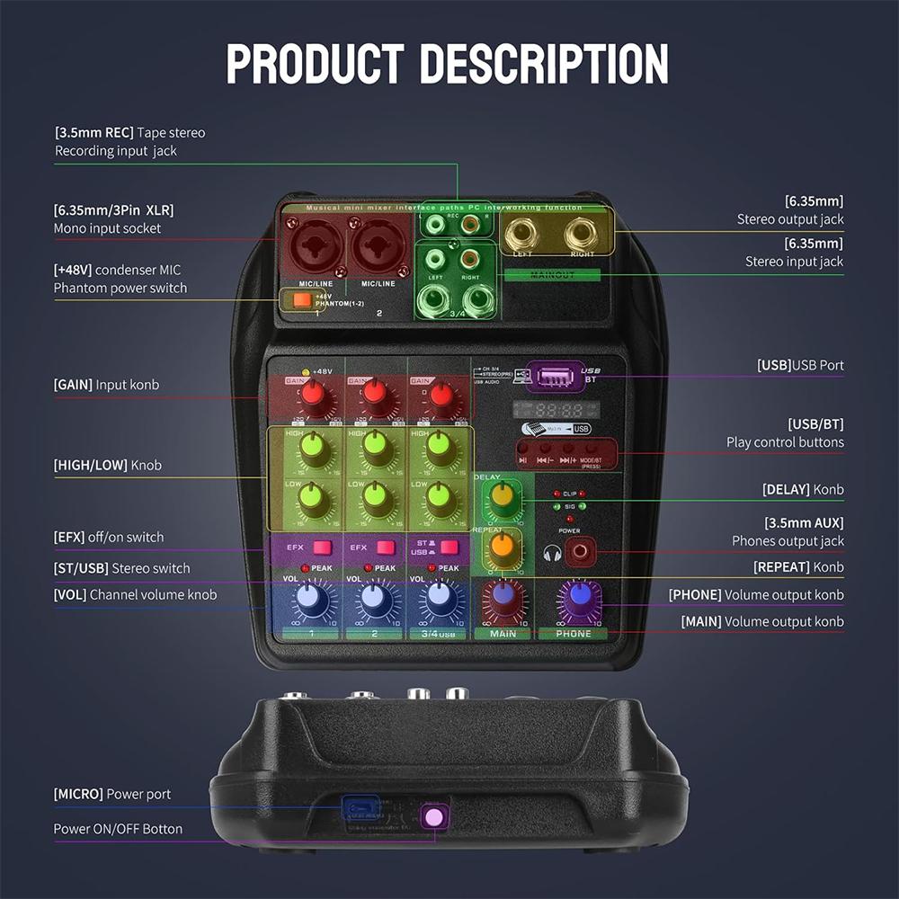 Professional 4 Channel Mixer DJ Mixing Console with Bluetooth 48V Phantom Power Monitor Karaoke System USB Mixer Audio