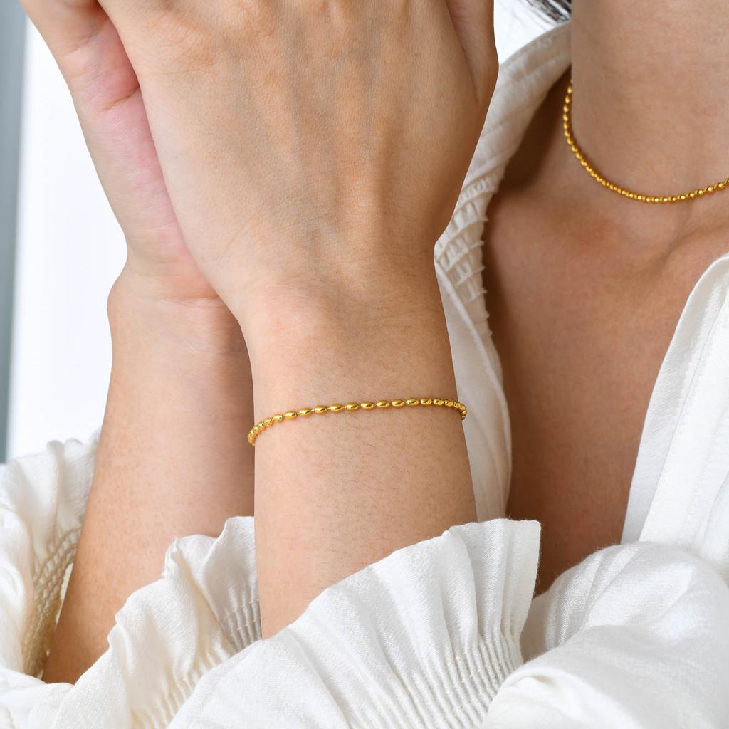 Ladies Stainless Steel Chain Width 2Mm 3Mm 5Mm Rugby Bead Bracelet 18K Gold