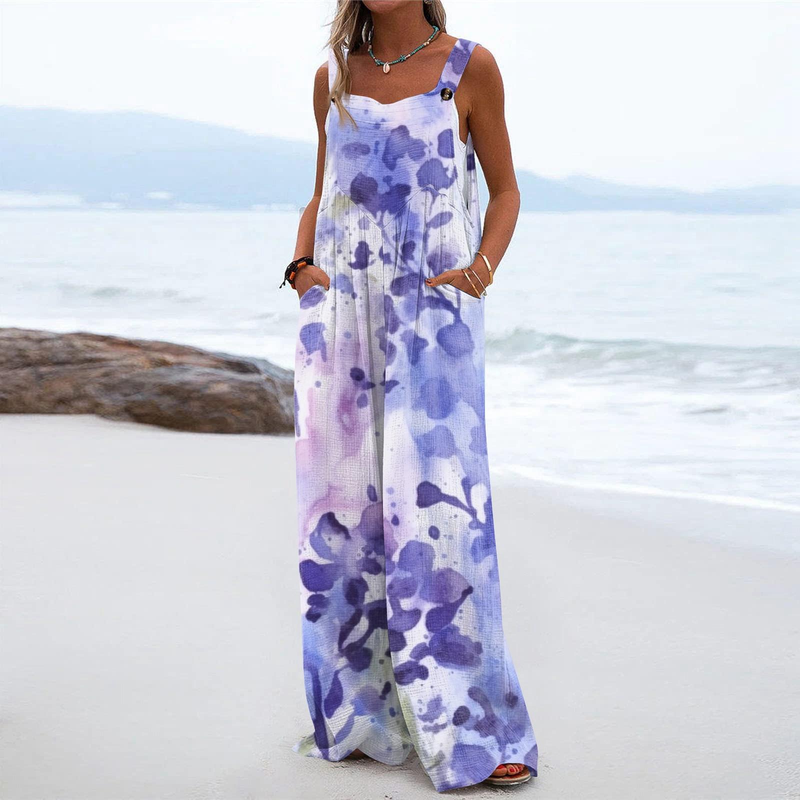 

Женский модный повседневный свободный комбинезон без рукавов с карманами и принтом XXL фиолетовый