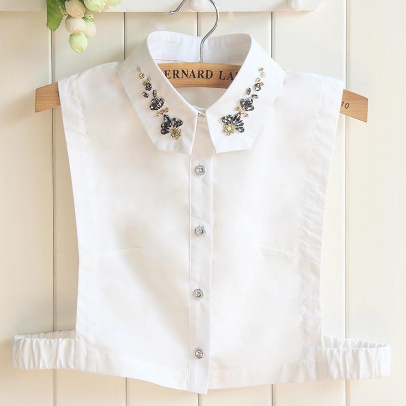 Korean Versatile Black  White Beaded Women s Denim Shirt with Rhinestone Detachable Collar