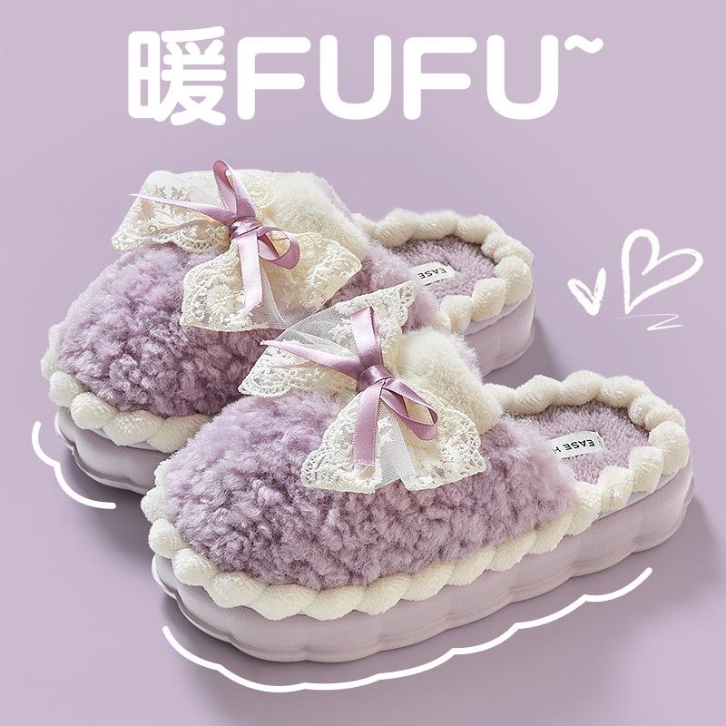 Bow cotton slippers women's confinement winter warm non-slip indoor home fluffy slippers winter