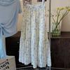 Korean Style Elastic Waist Vintage Floral A-Line Midi Skirt for Women - High-Waist Half Skirt