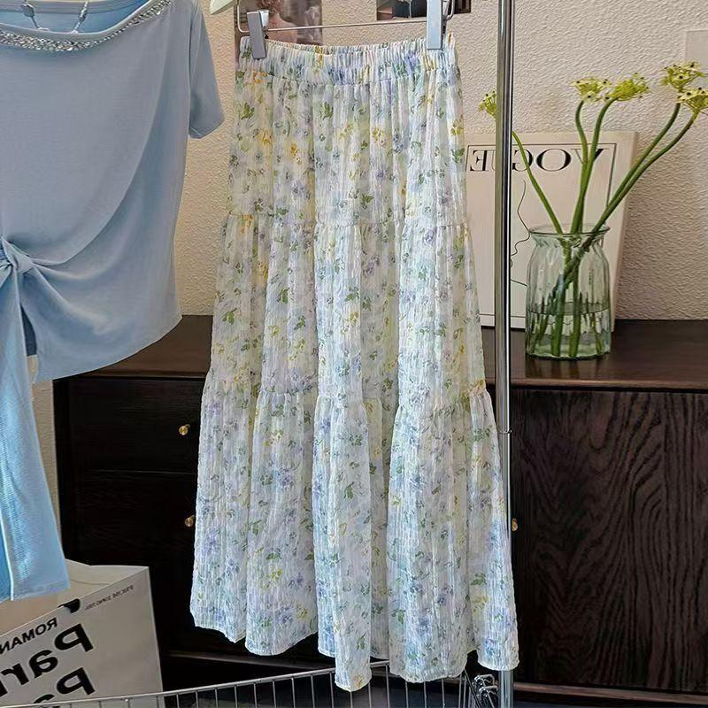Korean Style Elastic Waist Vintage Floral A-Line Midi Skirt for Women - High-Waist Half Skirt