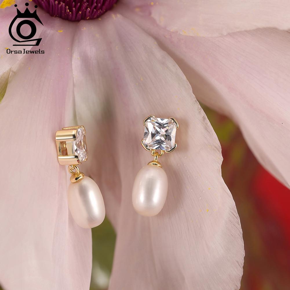 ORSA JEWELS 925 Sterling Silver Fashion Natural Baroque Pearl Drop Earrings for Women Sweet Elegant Party Dangle Jewelry GPE141
