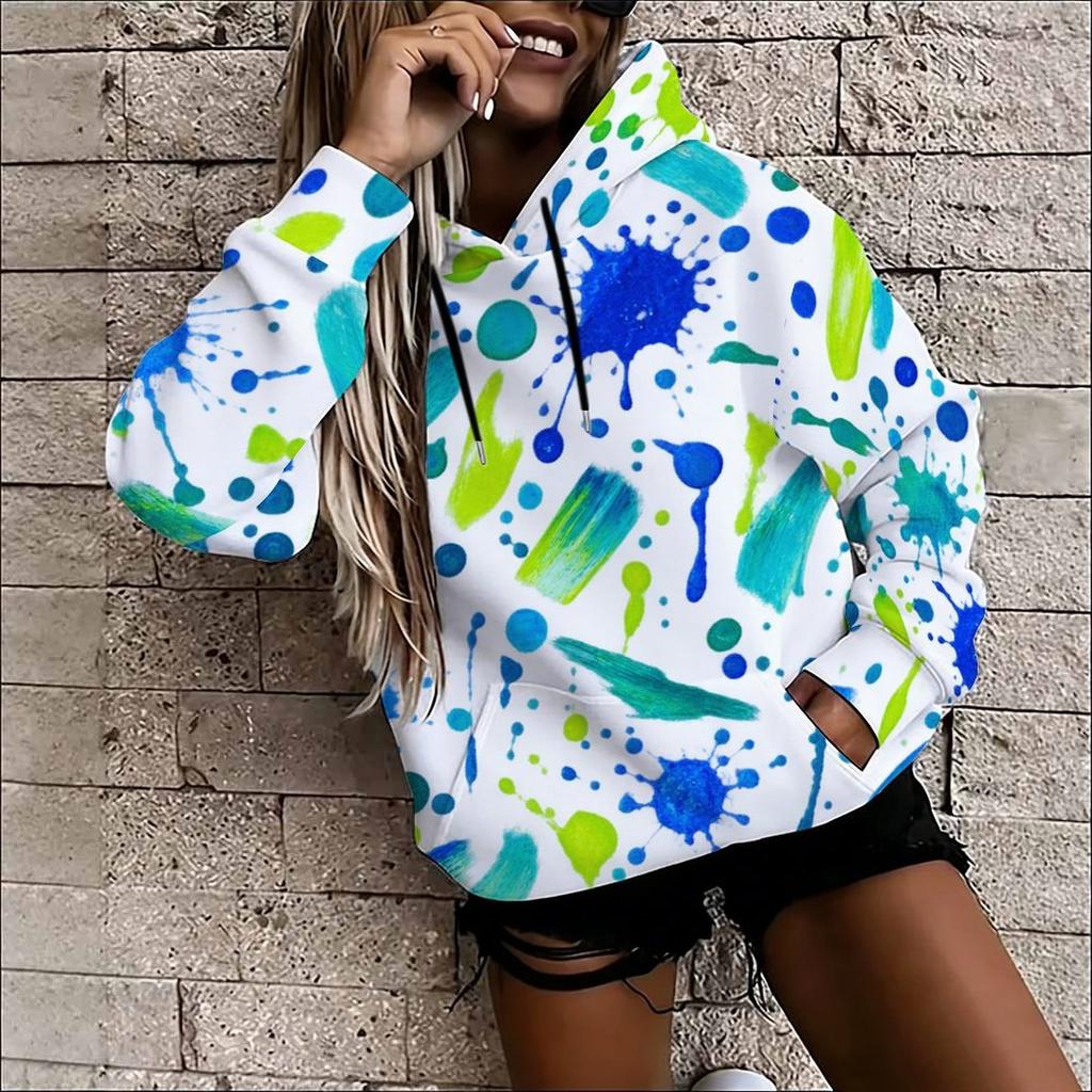 Women Plus Size Abstract Printed Long Sleeve Drawstring Hood Kangaroo Pocket Pullover Hoodie