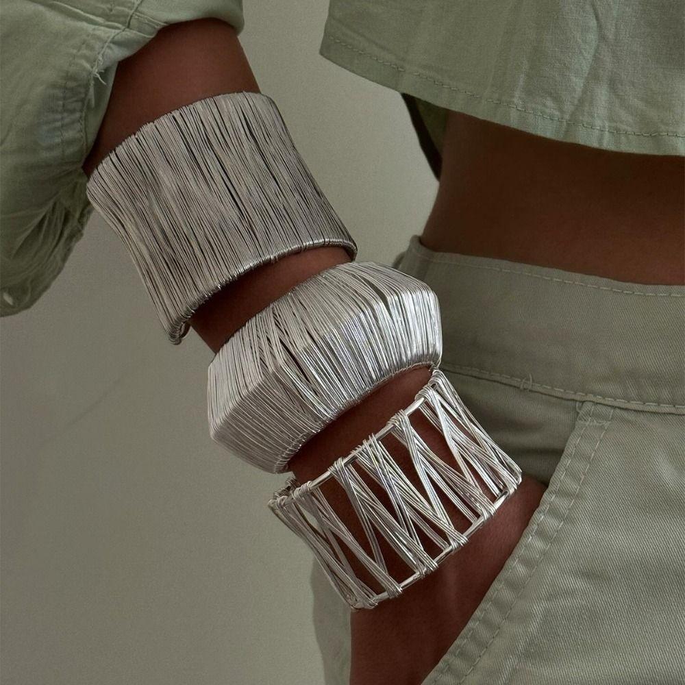 Weave Metal Wire Drawing Bangle Geometry Vintage Bracelet Adjustable Exaggerated Bracelet  Party