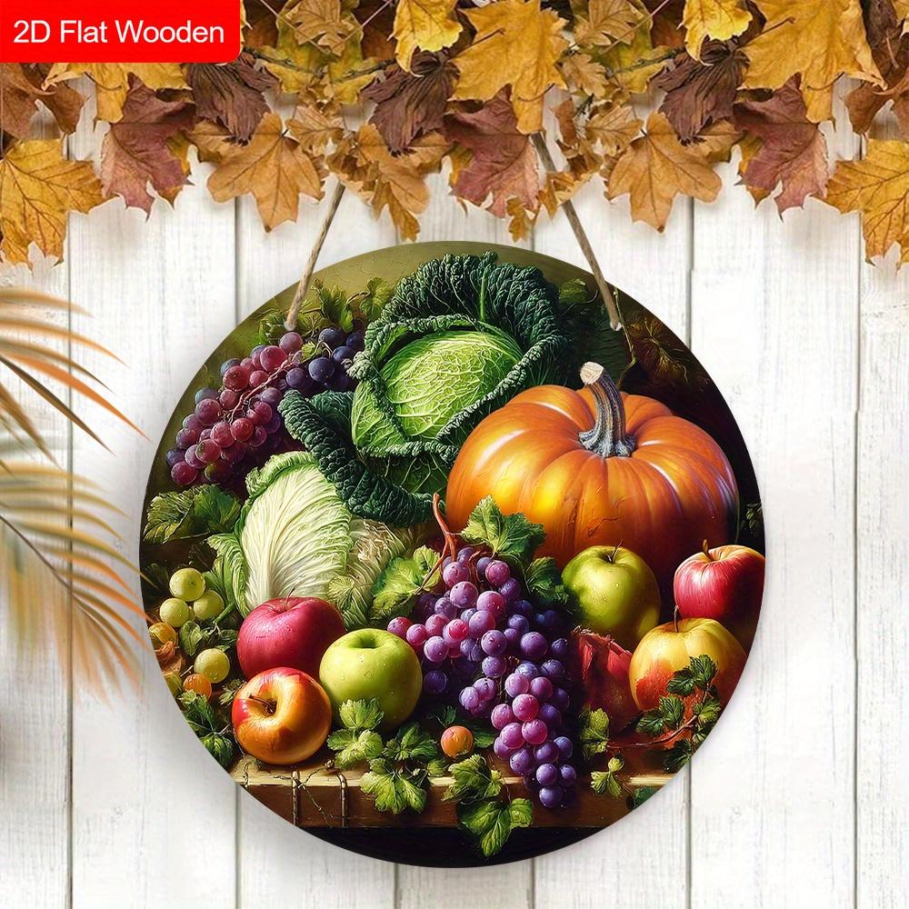 Autumn Harvest Wooden Sign with Fruits and Vegetables Pattern Design - Unique Wall Pediments - Ideal for Front Door, Yard, Porch, Room Decor