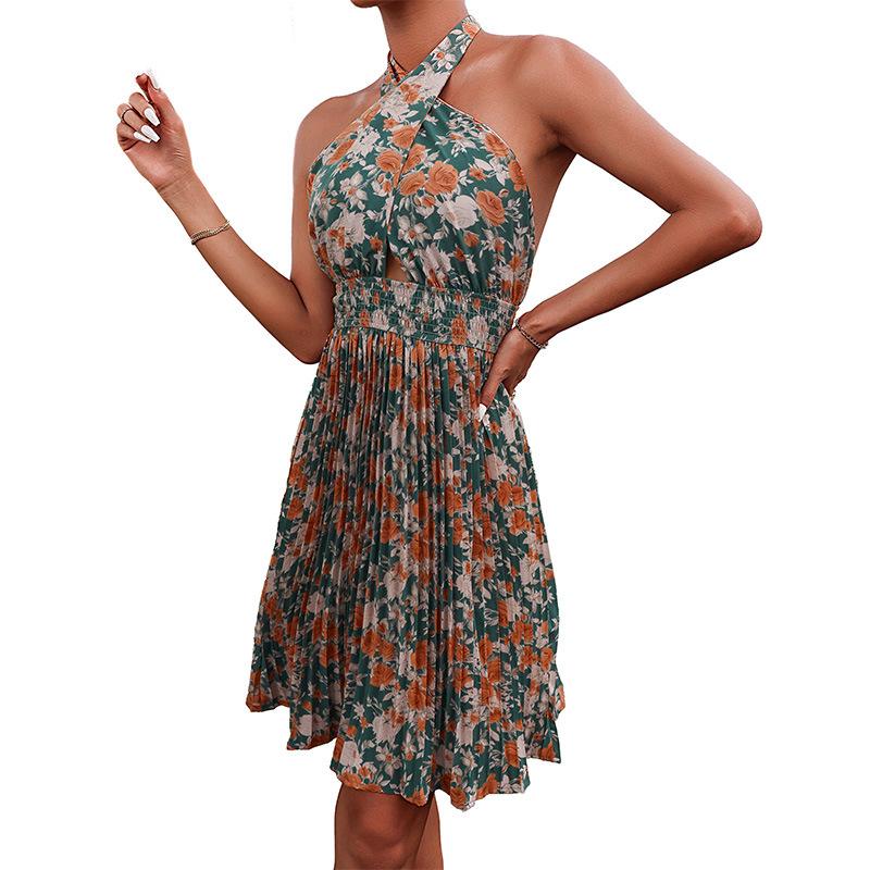 Frauen Sommer Neckholder Plissee Ärmellose Halskette Floral Hohe Taille Kleid