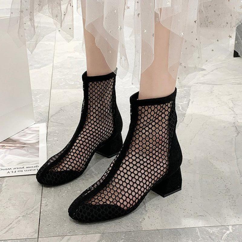 Mesh hollow boots women's 2025 new summer breathable Internet celebrity thin boots ankle boots black thick heel short boots cool boots