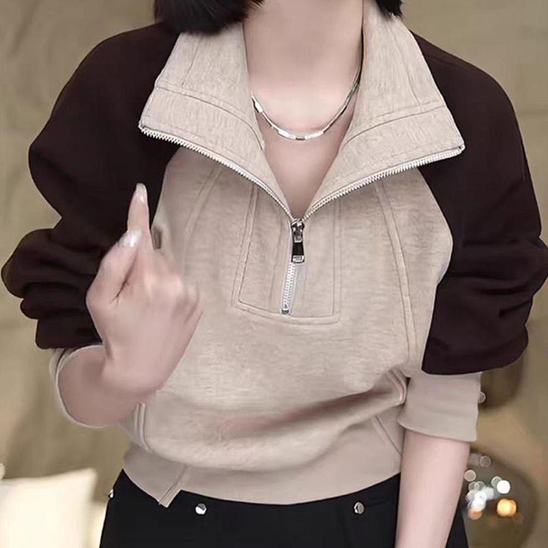 Half Zip Stand Up Collar Splicing Pullover Hoodie for Women's Autumn and Winter Fashion Short Top