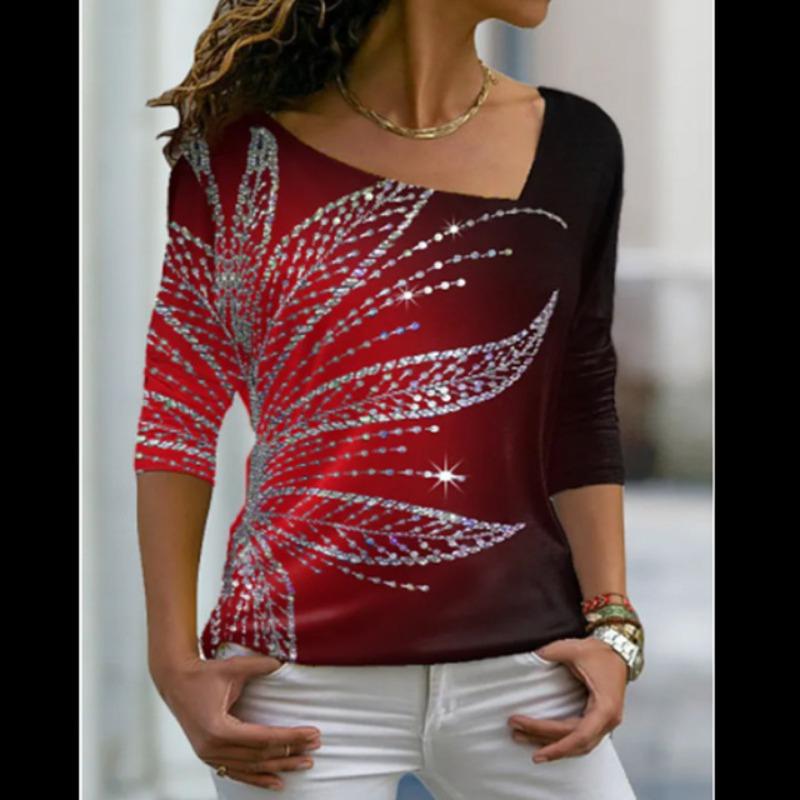 

Модные женские футболки с нерегулярным диагональным воротником, с цветочным 3D-принтом, с длинным рукавом, свободная осенняя женская одежда, рубашка в стиле Харадзюку 8XL