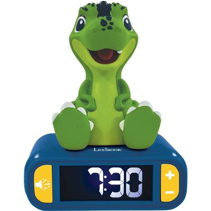 LEXIBOOK Dino Alarm Clock Night Light - Sounds and Melodies, Bright and Backlit LCD Screen - Green
