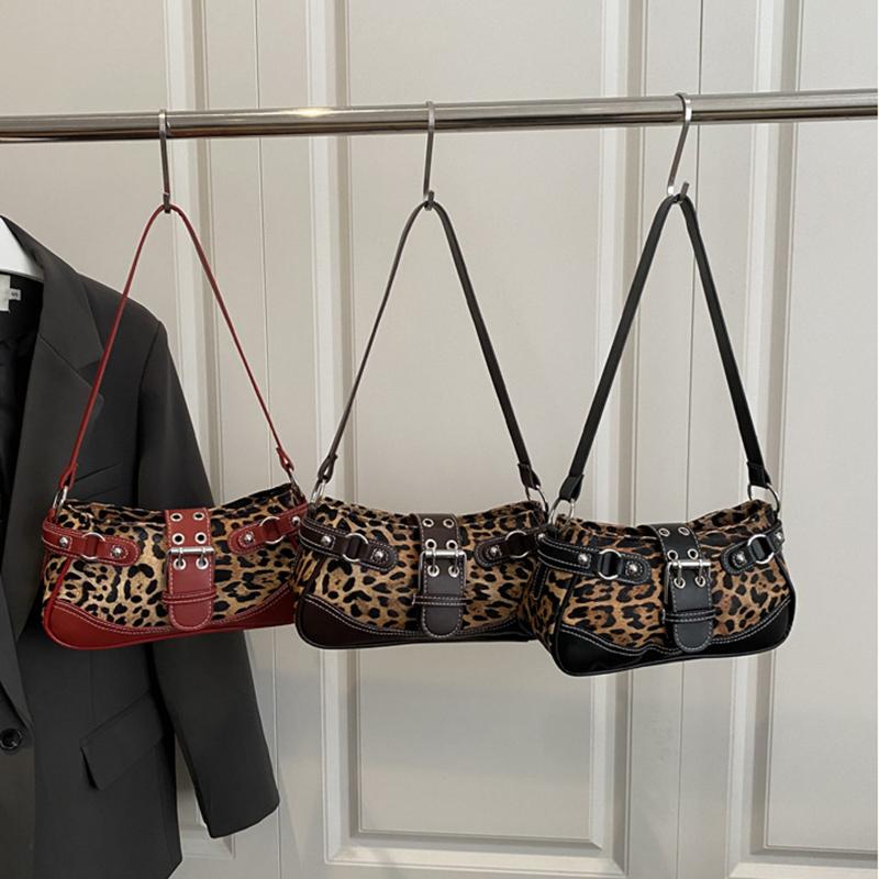 Retro Belt Buckle Leopard Print Casual Single Shoulder Autumn Winter New Style Fashion Rivet Large Capacity Underarm Bag. KTB