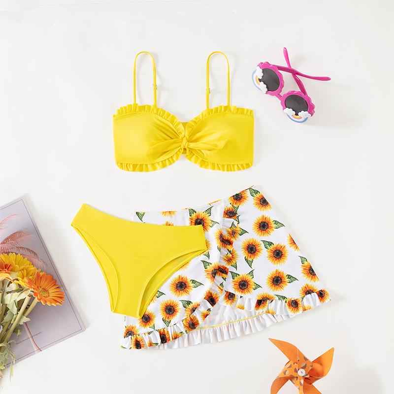 

2025 Girls Solid Color Flounce Bikini Set with Mesh Skirt 150 жёлтый