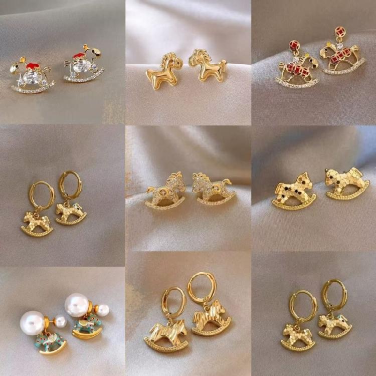 Unique Horse Theme Ear Studs Gold Finish and Stones Adorned for Parties Formal Event Elegant
