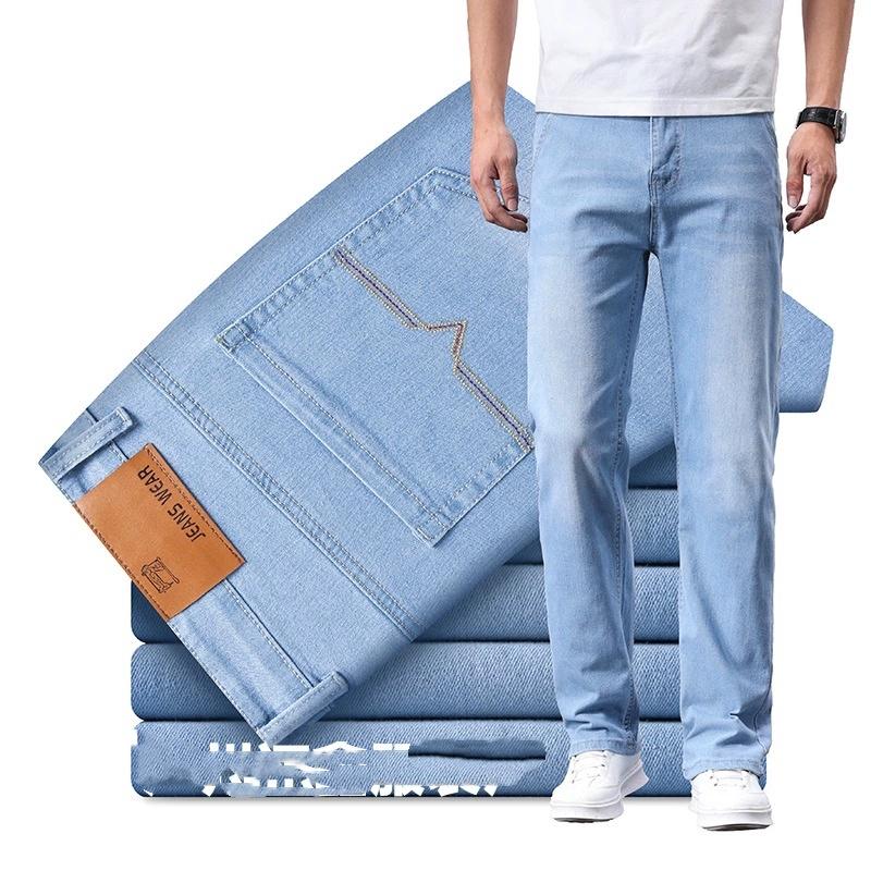 Летние тонкие легкие роскошные качественные джинсы мужские прямые свободные эластичные деловые повседневные дышащие длинные брюки 28
