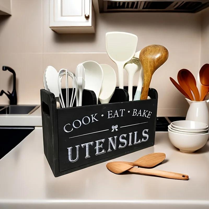 Kitchen Utensil Rack with Three Compartments Rustic Wooden Storage Box Vintage Tableware Farmhouse Dish Cabinet Forks Spoo