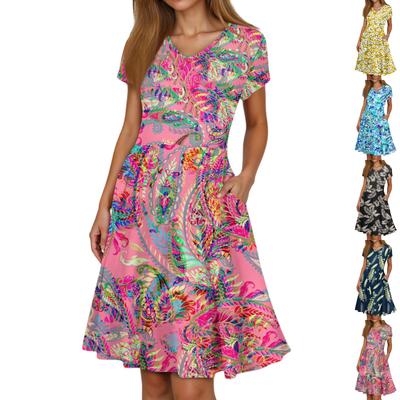 Ladies Summer Fashion Casual Floral Print V-Neck Short Sleeve Pocket Dress