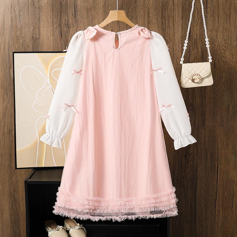 Girls Dress 2025 Autumn Long Sleeve Fashion Bow Sweet Mesh Skirt Princess Pink Dress for Children