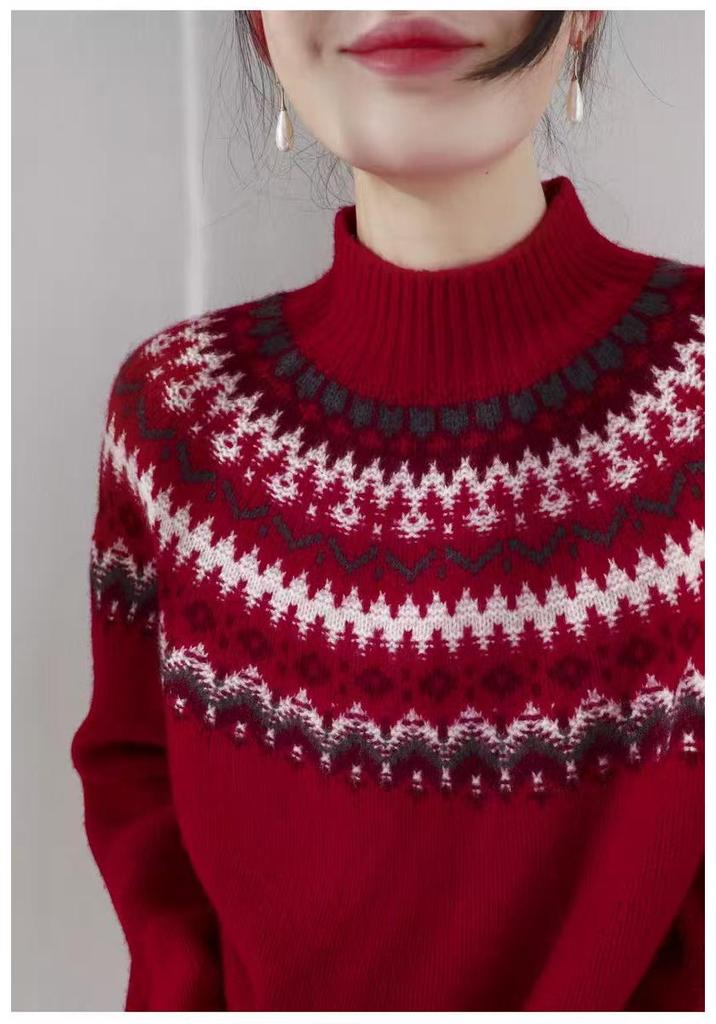 Women's 100% Wool Fair Isle Jacquard Sweater - Heavy Knit, Half-High Collar Pullover