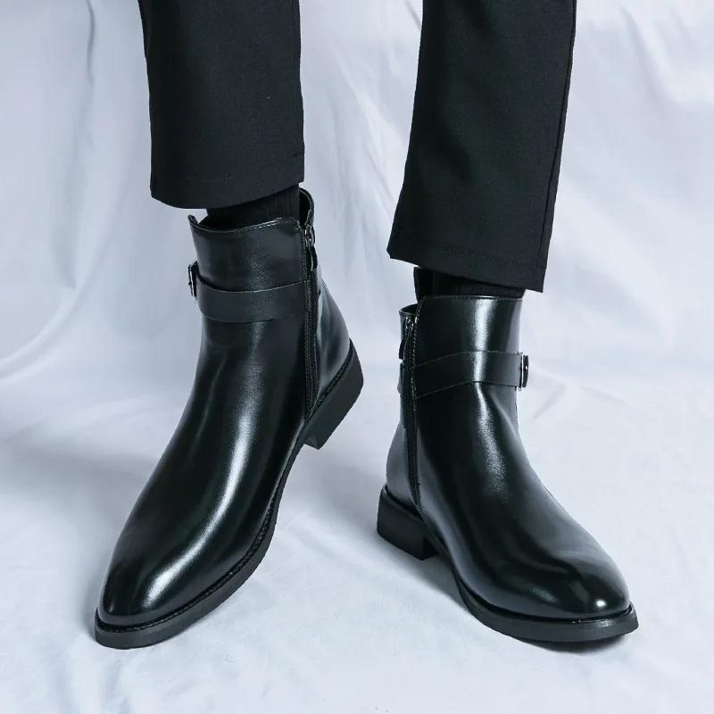 Fashion Chelsea Boots Men's Formal Leather Oxford Shoes Dress Boots Men's Side Zipper British Fashion High-tops Plus Size 38-47