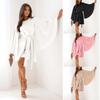 New Autumn Fashion Solid Color Crew Neck Bell Sleeve Tie Waist Dress for Women