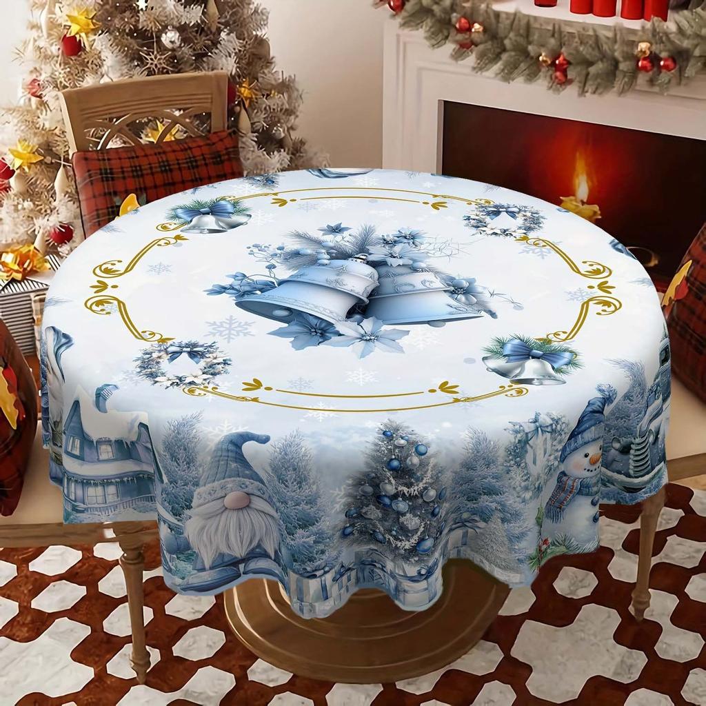 Round Christmas Tablecloth Santa Nutcracker Snowman Print Holiday Dining Table Cover Dustproof Home Decoration 150cm