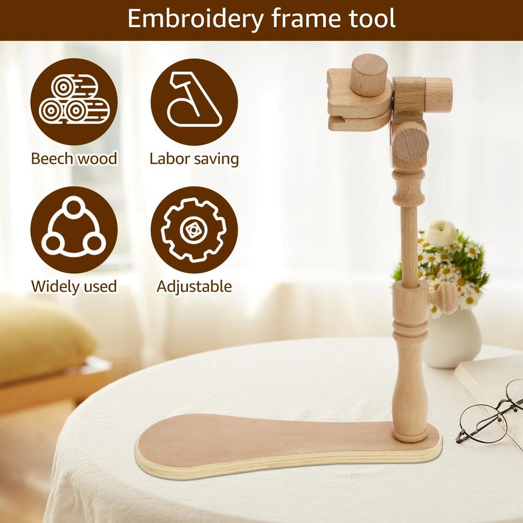 Adjustable Beech Wood Embroidery Stand 360° Rotating Hands-Free Cross Stitch Rack Hoop for DIY Craft