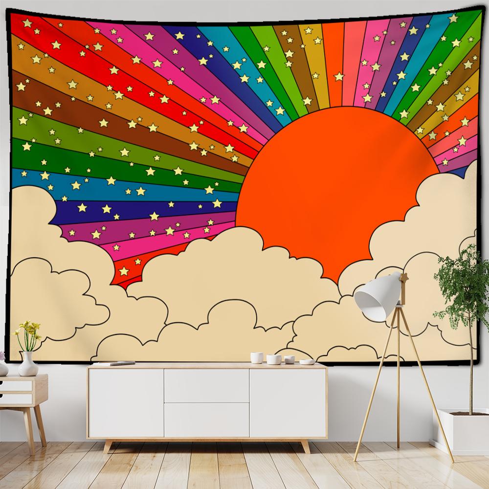 Sunrise Illustration Tapestry Wall Hanging Psychedelic Witchcraft Nature Landscape Aesthetics Room Home Art Decor
