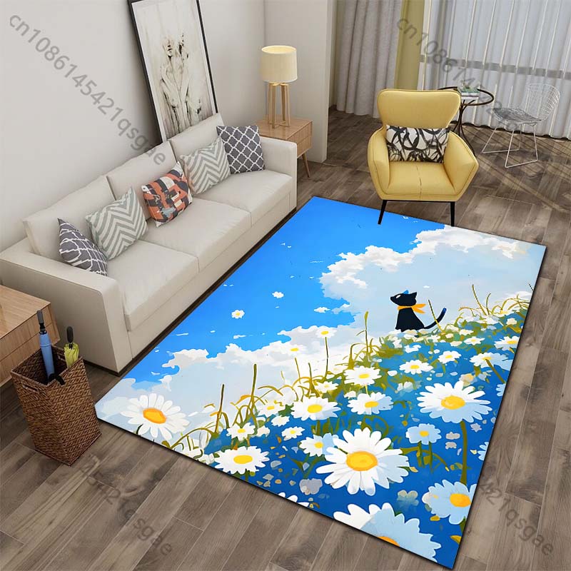 

Black cat daisies hillside blue sky clouds Print Carpet for Living Room Bedroom Sofa Home Decor Non-slip Mat Luxury Gift 40x60cm
