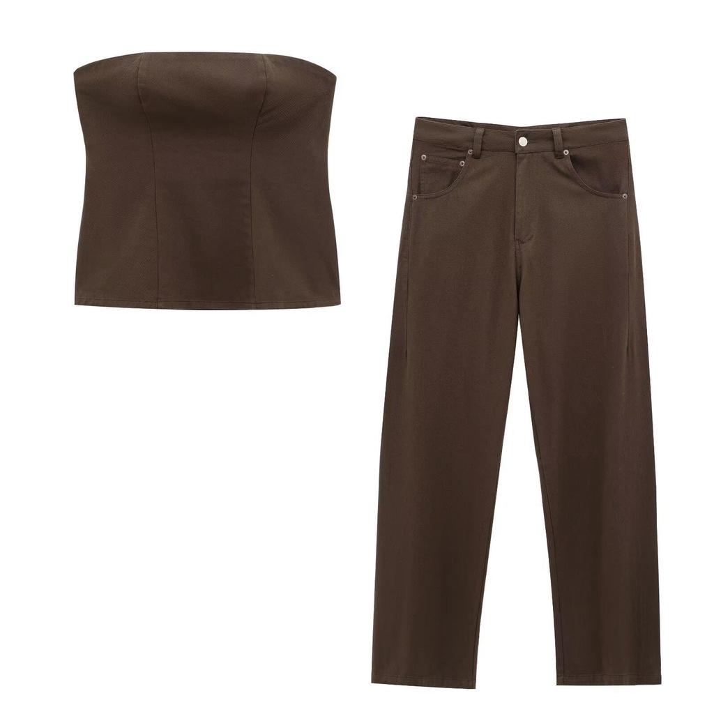 Spring 2025 Women's European & American Style Denim Bandeau Top with Long Pants