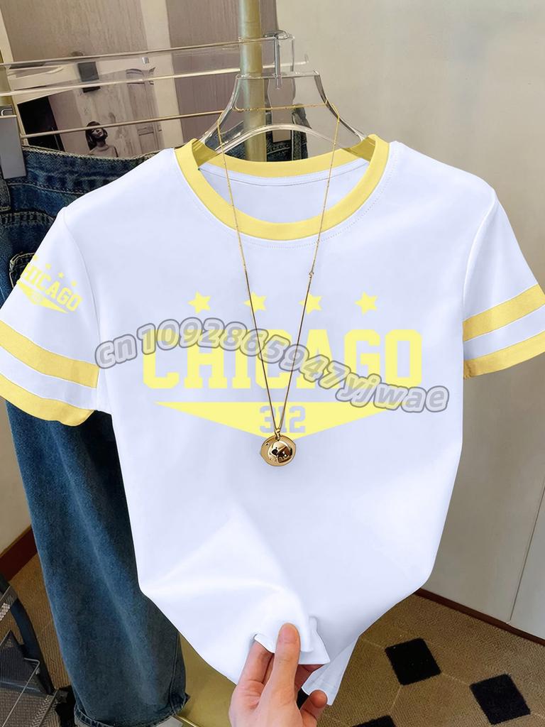 2026 Womens Short Sleeve Color-Block CHICAGO NO.32 Print Y2k T Shirt Girl Round Neck Tee Outdoor Sports Adult Women's T-Shirt