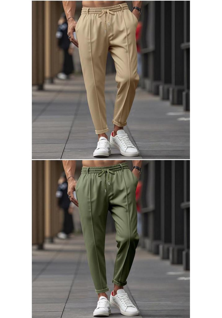 American Style Men's Casual Slim Fit Tapered Pants - Autumn/Winter Solid Color with Drawstring