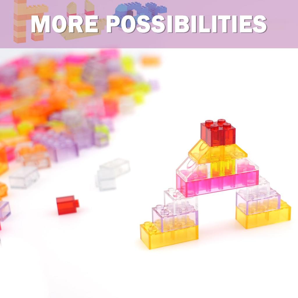 300-Piece Transparent Classic Building Blocks, Basic Building Blocks Expansion Set, Compatible with Major Brands, Random Colors and Shapes, for Girls