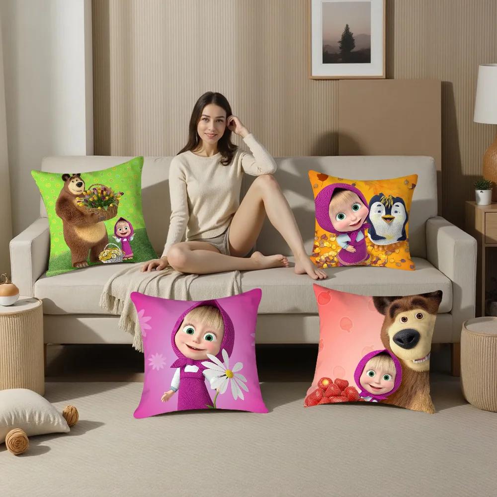 M-Masha And B-Bears Pillow Case Plush Fabric Soft Double Sided Print Sofa Cushion Cover Throw Pillow Covers