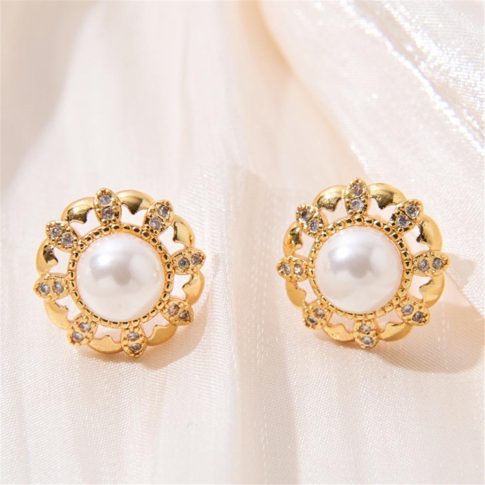 

Cute Female Gold Color Small White Round Pearl Zircon Stone Stud Earrings Lovely Bridal Wedding Jewelry For Women
