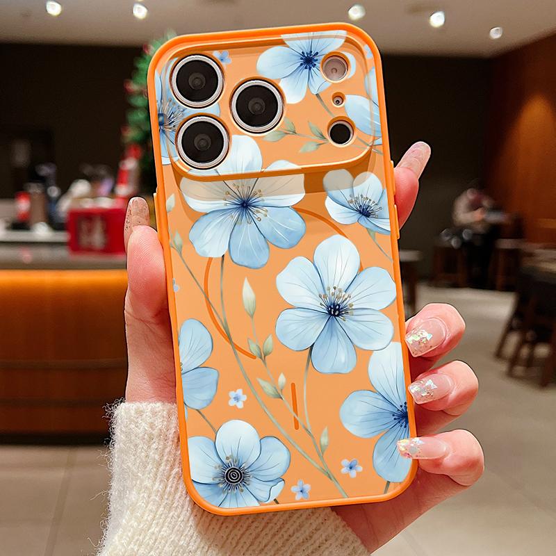 Lovely Sky-blue Flowers Pattern Case For iPhone 17 Pro Max Magnetic For Magsafe Skin Feeling Cover For iPhone 16 15 14 13 Pro Max