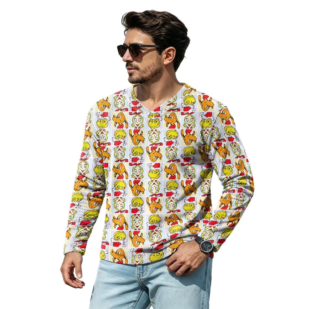 Men's Casual Street Loose Fit V-Neck Christmas Print Shirt