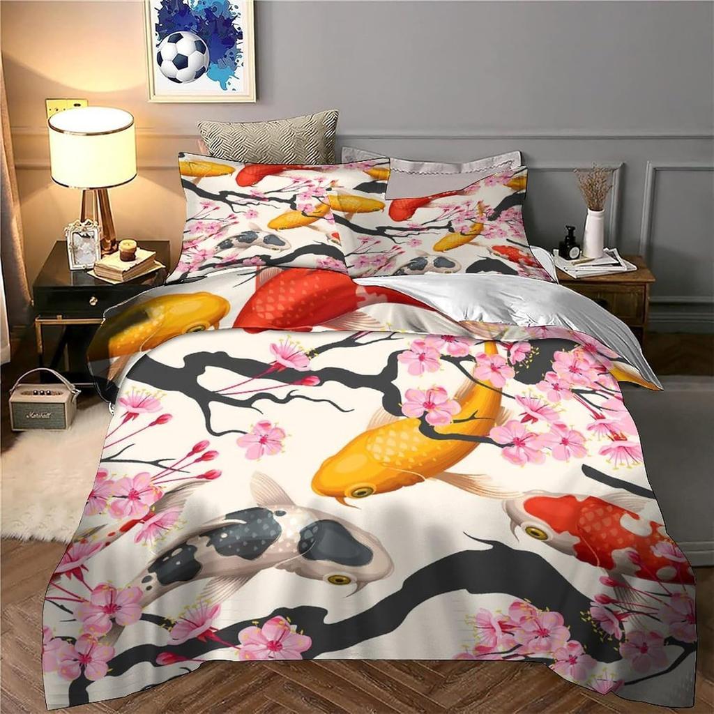 Koi Fish Quilt Cover 3D Print All Season 3Pcs Bed Linen Hidden Zipper Japanese Duvet Cover Ultra Soft  For Adults Teens Women