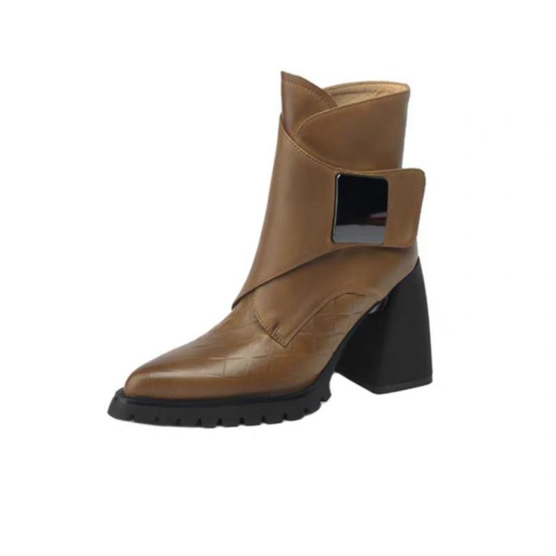 Herbst und Winter neue Leder kleine dicke Absatzhöhe vielseitige Martin Stiefel Damen Retro spitze Stiefel