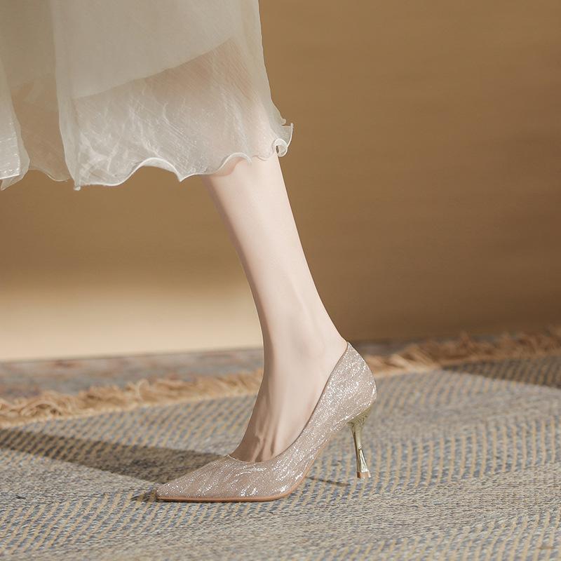 

Sheepskin version~ glossy pointed high heels women s stilettos summer 2025 new wedding shoes bride shoes crystal single shoes 40 шампанского