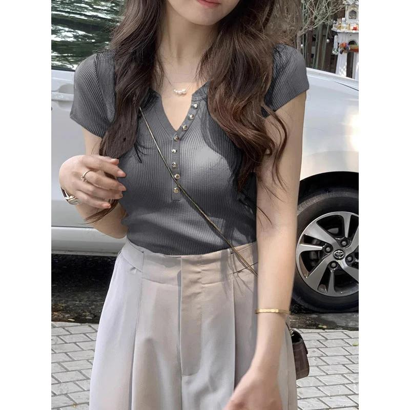 Pink Knitted Short-sleeved T-shirt for Women Summer New T-shirt Slimming Short Sweet Girl V-neck Top S серый