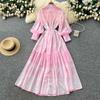 French Vintage Summer Autumn Stand Collar Long Lantern Sleeve Print Long Maxi Dress for Women