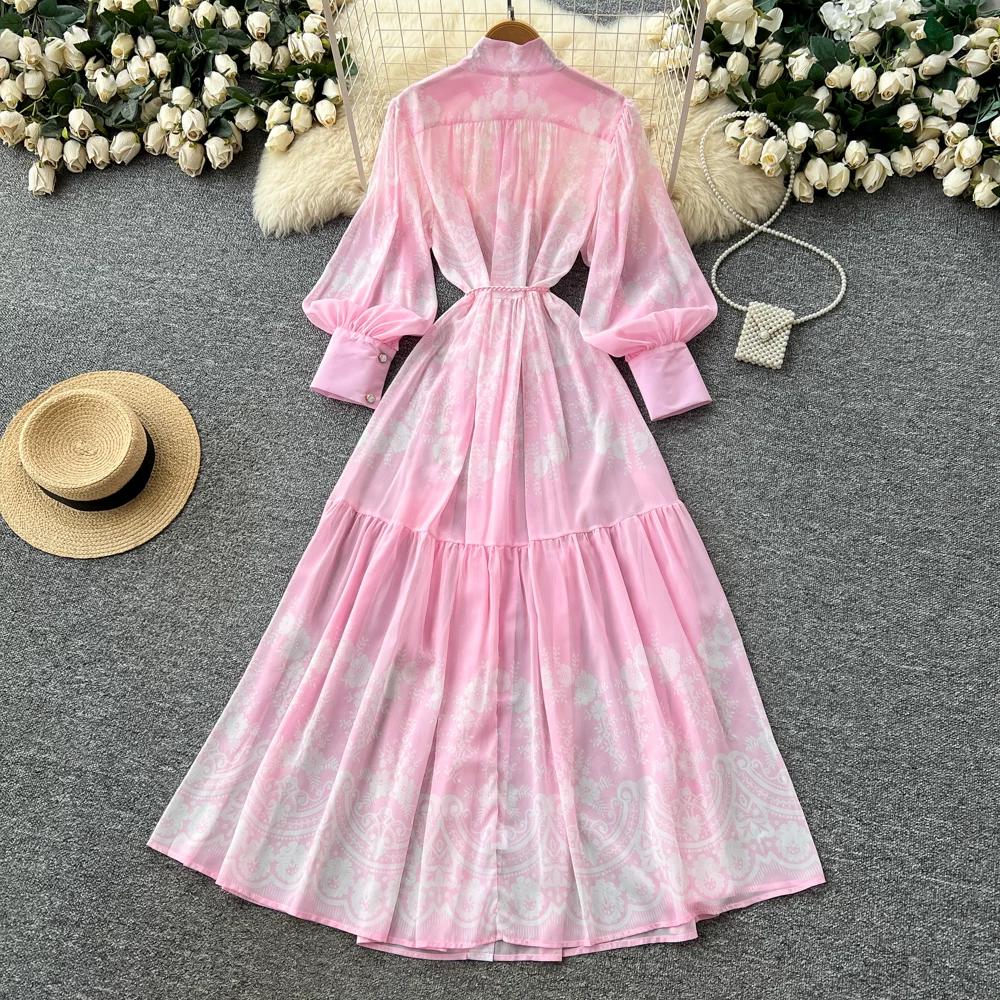 French Vintage Summer Autumn Stand Collar Long Lantern Sleeve Print Long Maxi Dress for Women