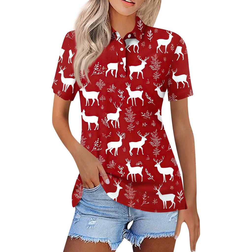 Dámská móda Ležérní klopa Krátký rukáv Vánoční potisk Košile Dámské knoflíkové topy