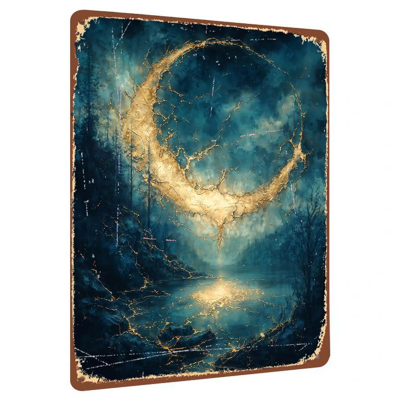 Mystic Golden Crescent Moon Night Sky Forest Lake Reflection Metal Iron Wall Art Home Decor Painting 20x30cm（7.8x11.8inch）